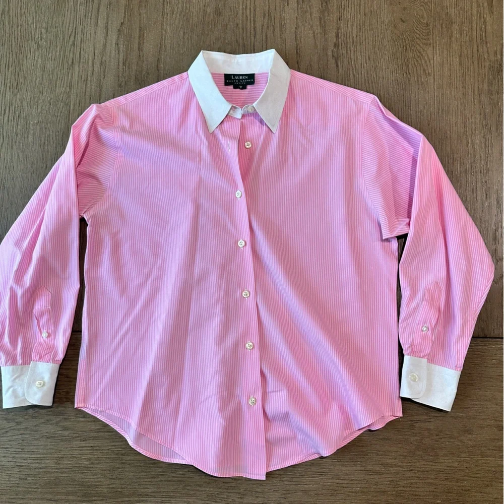Lauren Ralph Lauren Petite 12 Classic Button Down Blouse Pink & White Striped - Picture 3 of 10